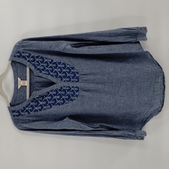 Sundance blue chambray pullover blouse size large textured front linen/cotton - Picture 1 of 7
